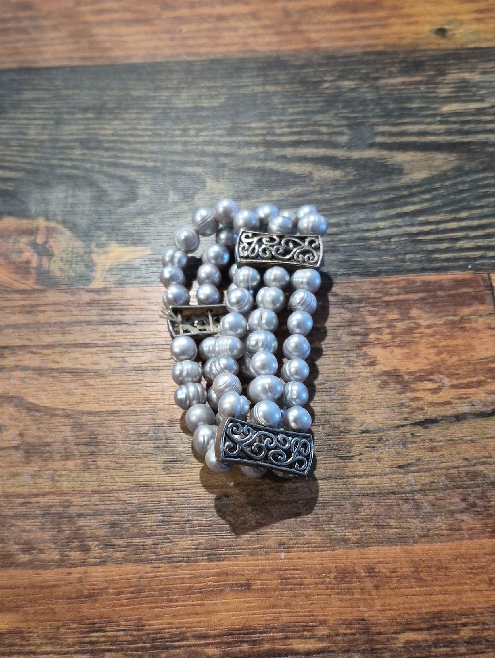Triple-Strand Silver Pearl Stretch Bracelet